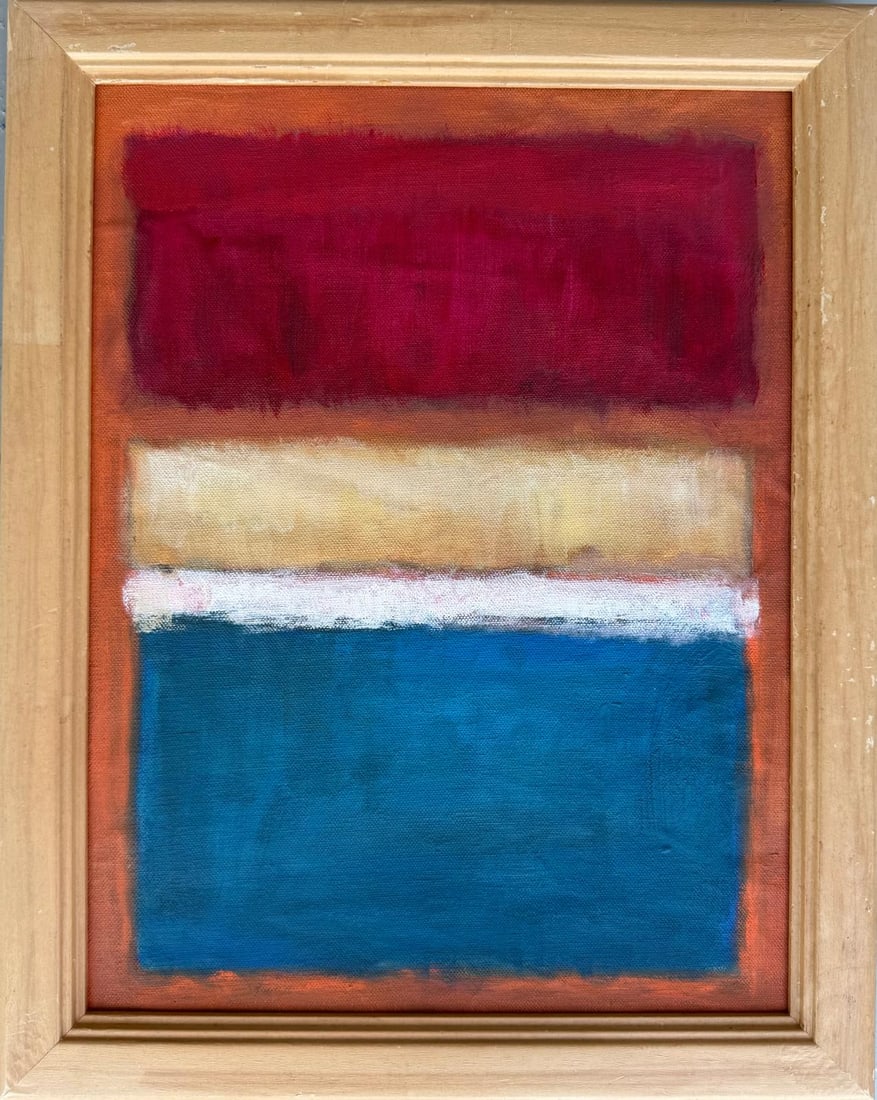 Mark Rothko (1903–1970), American Oil on Canvas Painting in the Style of Rothko, Mid-20th Century: Title:Composition in Red, Blue and Ochre. Technique:Oil on canvas. Measures:15 × 11 inches (38.1 × 27.9 cm). Year:Circa 1958. Condition:Good overall condition. The surface remains stable, showing li
