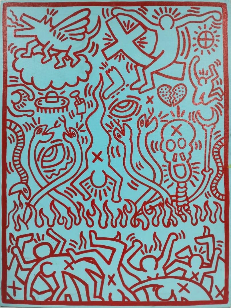 Keith Haring(1958–1990)American Acrylic/Canvas Painting in the Style of Haring Neo-Pop Composition (1 of 9)