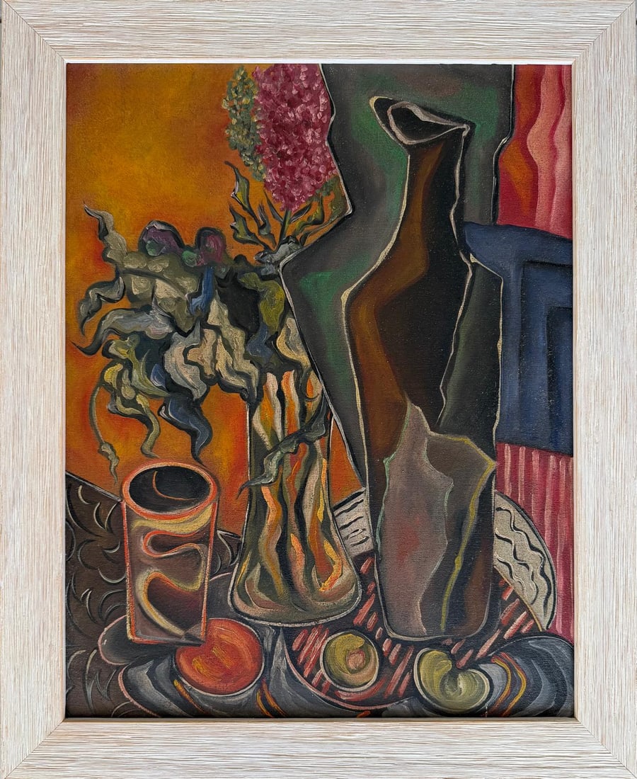 Georges Braque, French Oil on Canvas Painting in the Style of Braque. Collectible & Vintage Art: Title:Nature Morte aux Fleurs et à la Carafe. Technique:Oil on canvas. Measures:18 × 14 inches (45.7 × 35.6 cm). Year:Circa 1948. Condition:Good overall condition. The surface exhibits slight tonin