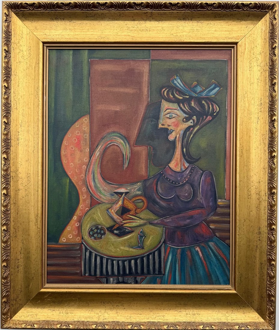Pablo Picasso Spanish 1881-1973 Oil on Canvas Painting in the Style of Picasso. Magritte & Chagall: itle: Cubist Figure at Table Technique: Oil on Canvas Measures: 20 × 26 inches Year: Circa 1962 Condition:Good — the canvas appears structurally stable, with consistent paint application and a well
