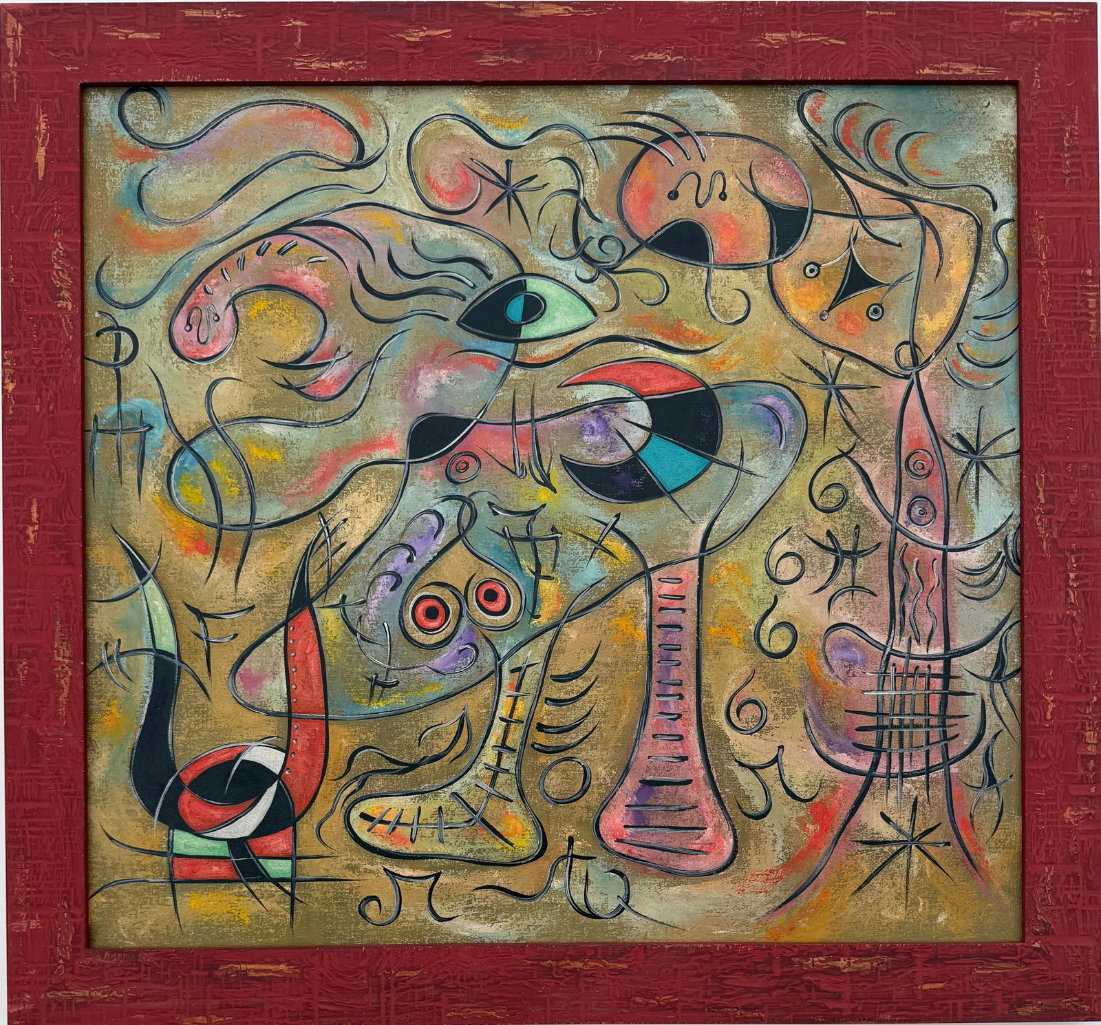 Joan Miro Spanish 1893 - 1983 Oil on Canvas in the style of. Dali, Magritte, & Miro Surrealism Era.: Title: Biomorphic Constellations on Ochre Ground Technique: Oil on Canvas Measures: 22 × 24 inches Year: Circa mid–20th century Condition:Good — the painting appears well preserved, with stable p