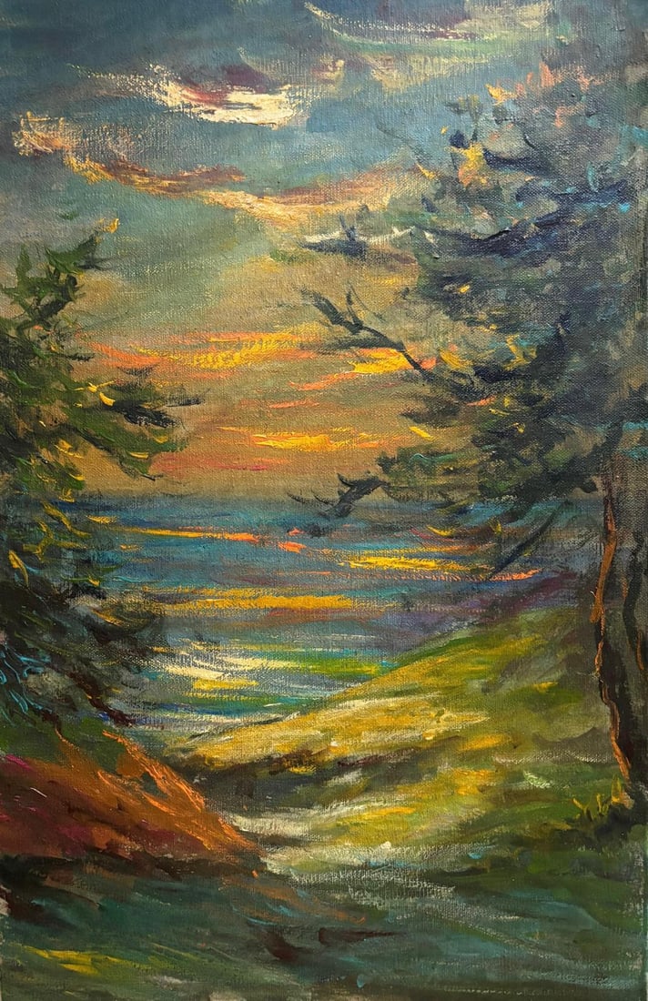 Claude Monet French 1840 - 1926 Oil on Canvas in the style of . Renoir & Manet Impressionist Era.: Title: Twilight Path by the Water Technique: Oil on canvas Measures: 13 × 9 inches (33 × 23 cm) Year: Circa 1890 Provenance: Private collection, France; acquired by Henri Beaumont, Paris, late 20th