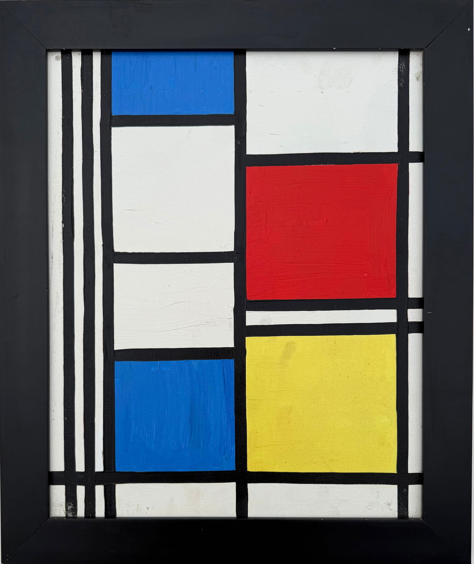 Piet Mondrian Dutch 1872- 1911 Oil on Paper Painting in the style of. Modernism and Abstraction Era: Title: Composition with Primary Forms and Black Grid Technique: Oil on Canvas Measures: 20 × 16 inches Year: Circa 1940s–1950s Condition:Good — the painted surface appears stable, with crisp colo
