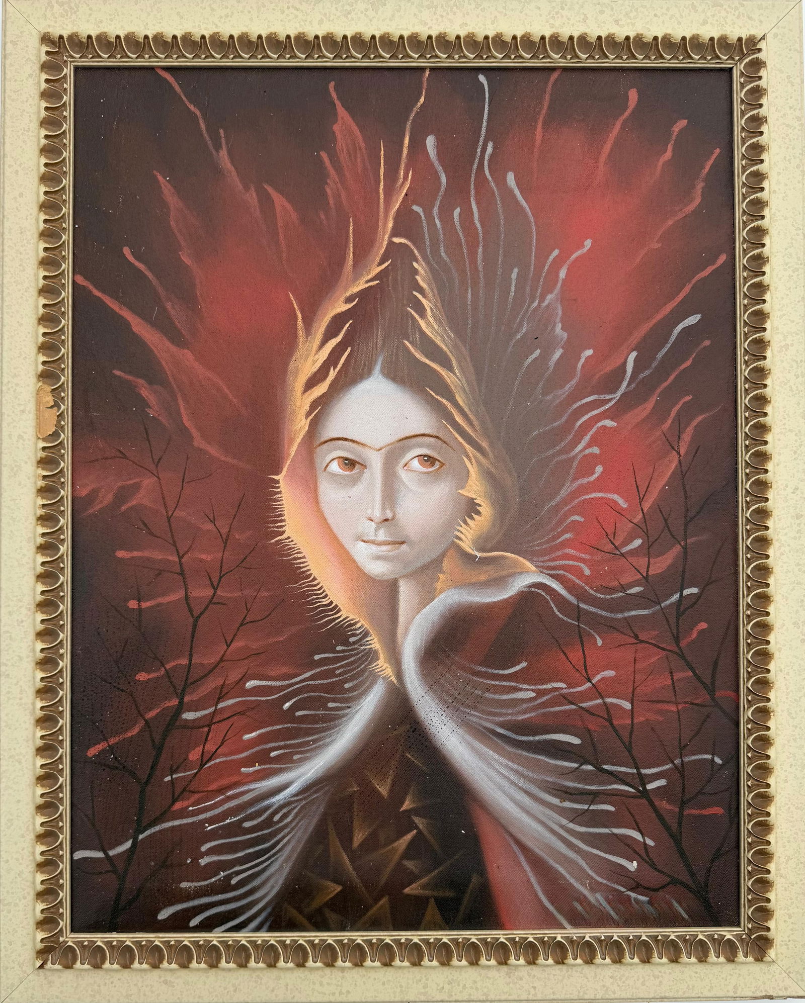 Leonora Carrington British 1917-2011 Oil on Canvas Painting in The Style of. Dali, Picasso Era: Title: Veiled Oracle of the Inner Forest Technique: Oil on Canvas Measures: 25 × 20 inches Year: Circa mid–20th century Condition:Good — the surface appears stable, with light age-consistent wear