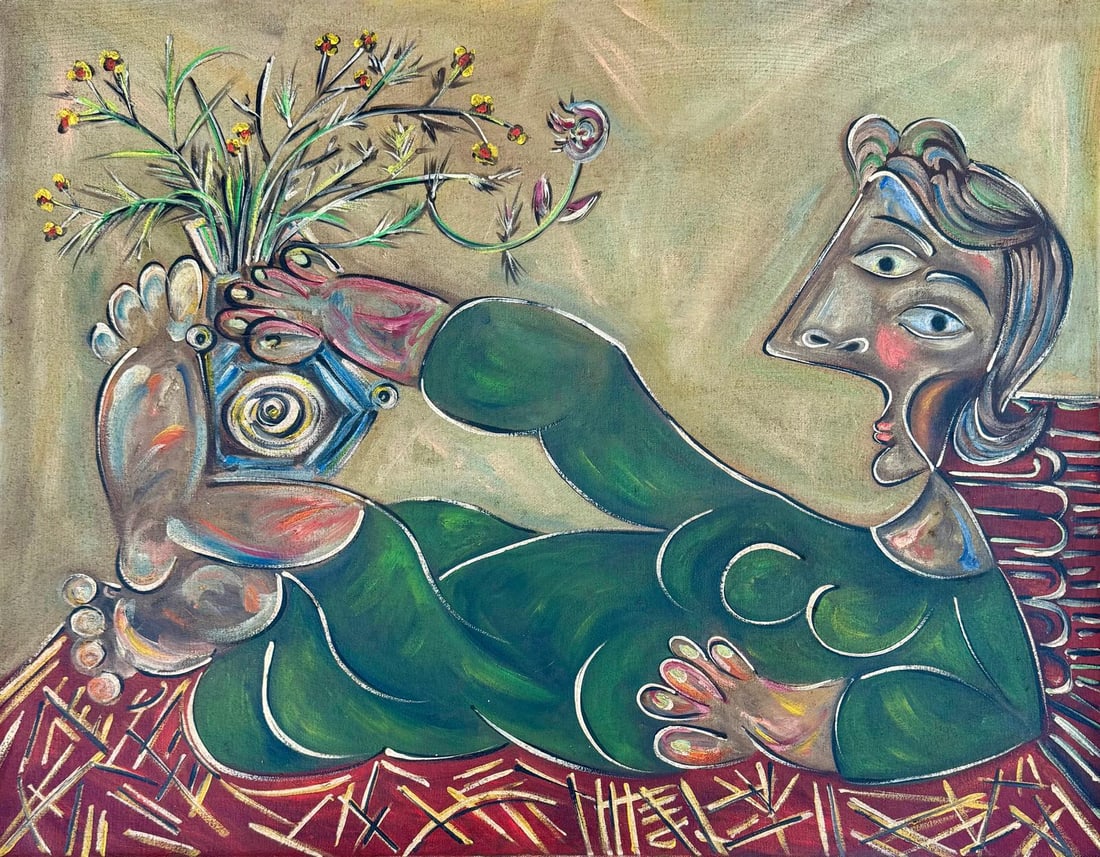 Pablo Picasso Spanish 1881-1973 Oil on Canvas Painting in the Style of Picasso. Magritte & Chagall: Title:Reclining Woman with Floral Vessel Technique:Oil on canvas Measures:18 x 23 inches (45.7 x 58.4 cm) Year:1970 Condition:The artwork is in good overall condition. The painted surface is stable, w