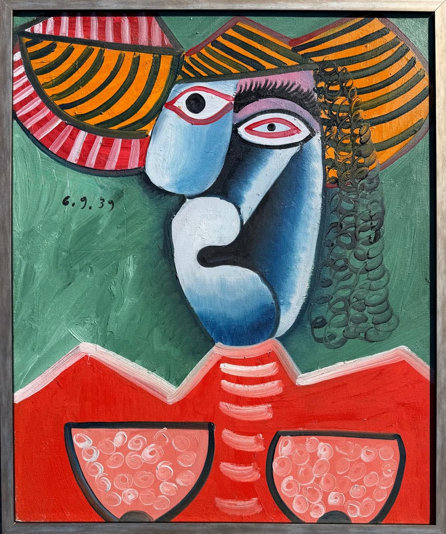 Pablo Picasso Spanish 1881-1973 Oil on Canvas Painting in the Style of Picasso. Magritte & Chagall: Title: Bust of a Seated Figure Technique: Oil on canvas Measures: 26 x 21 inches (66 x 53 cm) Year: Circa 1939 Condition:The painting is in good overall condition. The canvas is stable, with consisten