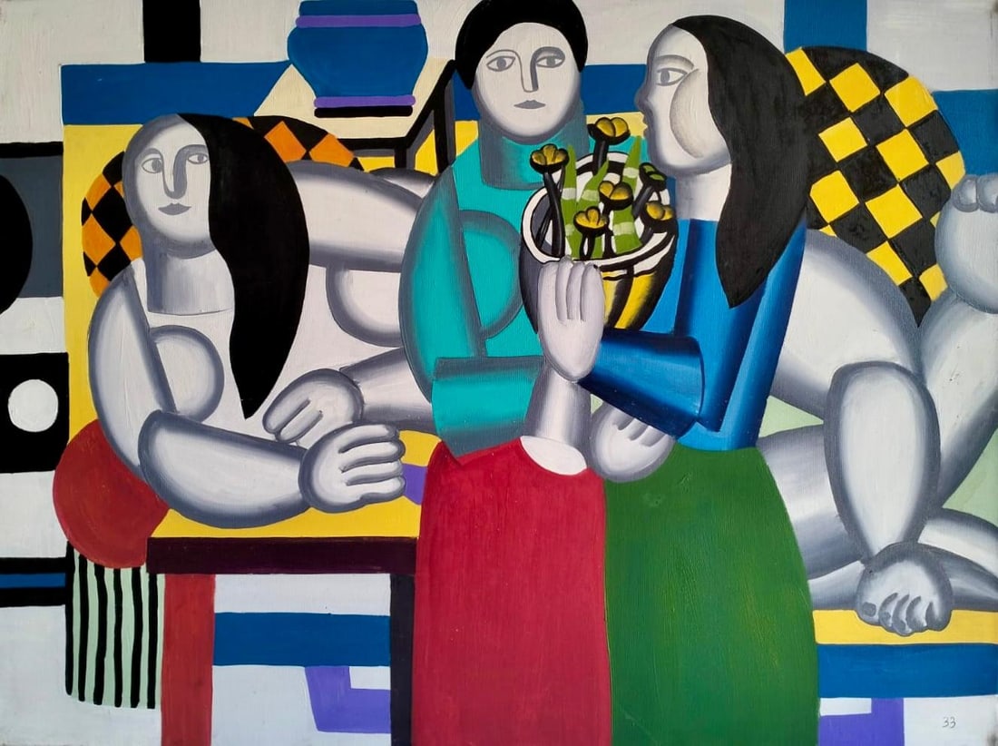 Fernand Leger French 1881-1955 Oil on Canvas in the style of . Picasso, Dali & Lger Era: Title: Les trois femmes au bouquet Technique: Oil on canvas Measures: 23 × 31 inches (58.4 × 78.7 cm) Year: 1933 Condition:The work is in good overall condition. The paint surface is stable, with co