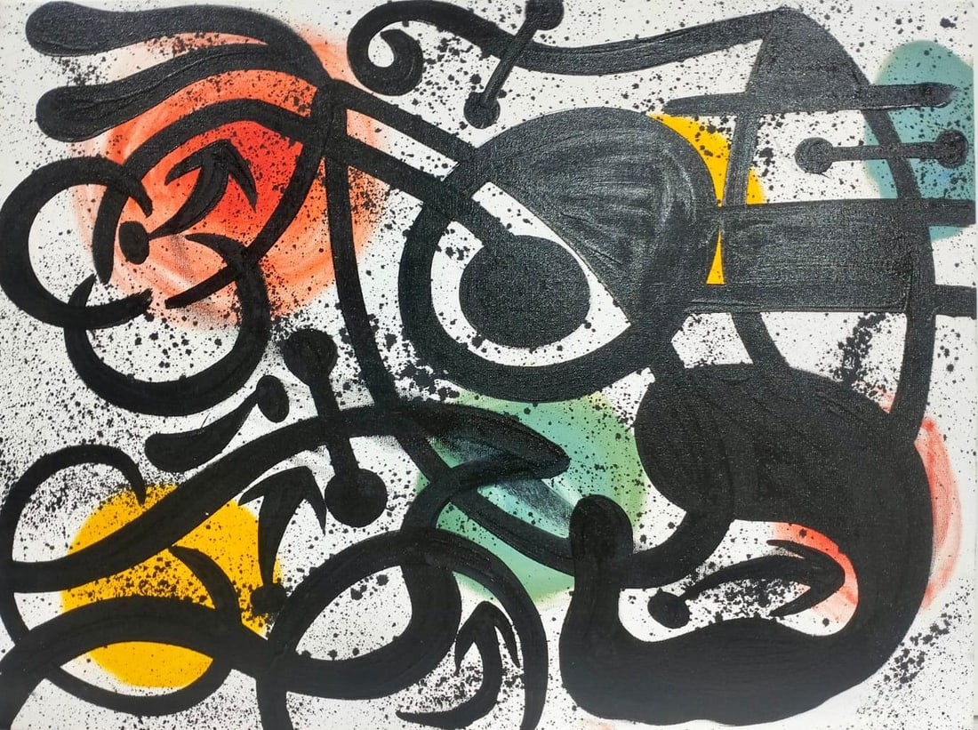 Joan Miro Spanish 1893 - 1983 Oil on Canvas in the style of. Dali, Magritte, & Miro Surrealism Era.: Title: Untitled Technique: Mixed media on canvas Measures: 23 × 31 inches (58.4 × 78.7 cm) Year: Circa late 20th century Condition: The painting is in very good overall condition. The surface shows