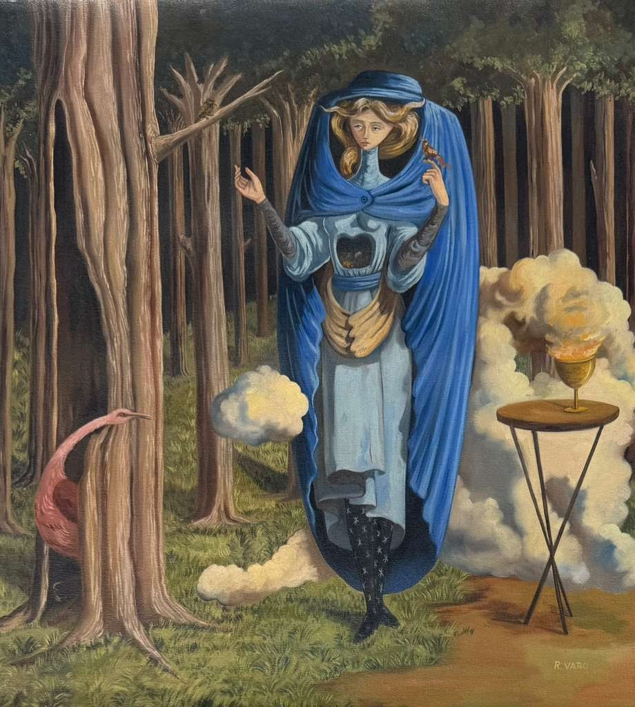 Remedios Varo Spanish-Mexican Oil on Canvas In the Style of. Carrington and Varo Surrealist Period.: Title: Untitled Technique: Oil on canvas Measures: 20 × 18 inches (50.8 × 45.7 cm) Year: Circa mid-20th century Condition: The painting is in very good overall condition. The surface shows stable pi