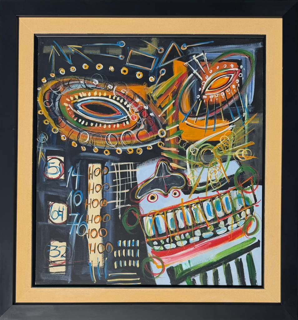 Jean Michel Basquiat 1960-1988 Mixed Media/Canvas In The Style of. Haring,Warhol,Basquiat Era.: Title: Untitled Technique: Acrylic and oil stick on canvas Measures: 24 × 22 inches (61 × 55.9 cm) Year: Circa late 20th century Condition: The painting is in very good overall condition. The surfac