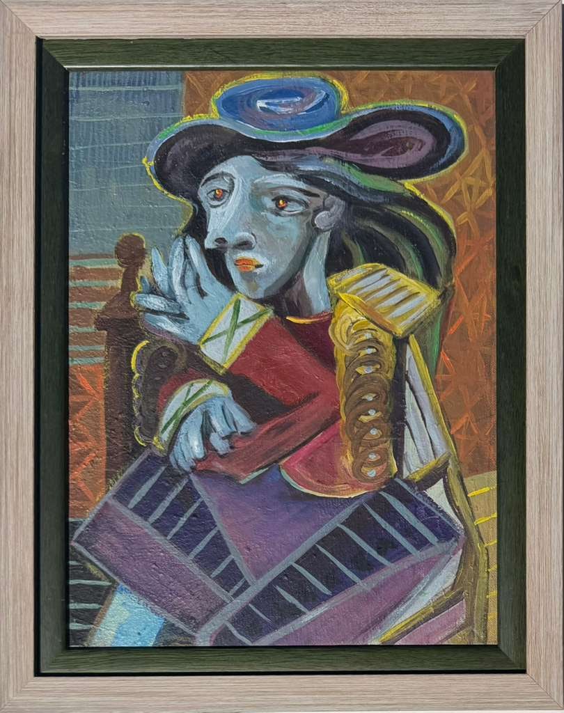 Pablo Picasso Spanish 1881-1973 Oil on Canvas Painting in the Style of Picasso. Magritte & Chagall: Title: Untitled Technique: Oil on canvas Measures: 16 × 12 inches (40.6 × 30.5 cm) Year: Circa mid-20th century Condition: The painting is in good overall condition. The surface shows stable pigment