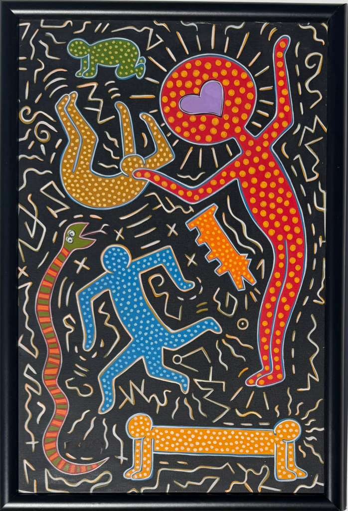 Keith Haring American 1958 - 1990 Acrylic/Canvas In The Style of. Warhol & Haring Pop Art Period.: Title: Untitled Technique: Acrylic on canvas Measures: 24 × 16 inches (61 × 40.6 cm) Year: Circa late 20th century Condition: The painting is in excellent overall condition. The surface shows stable