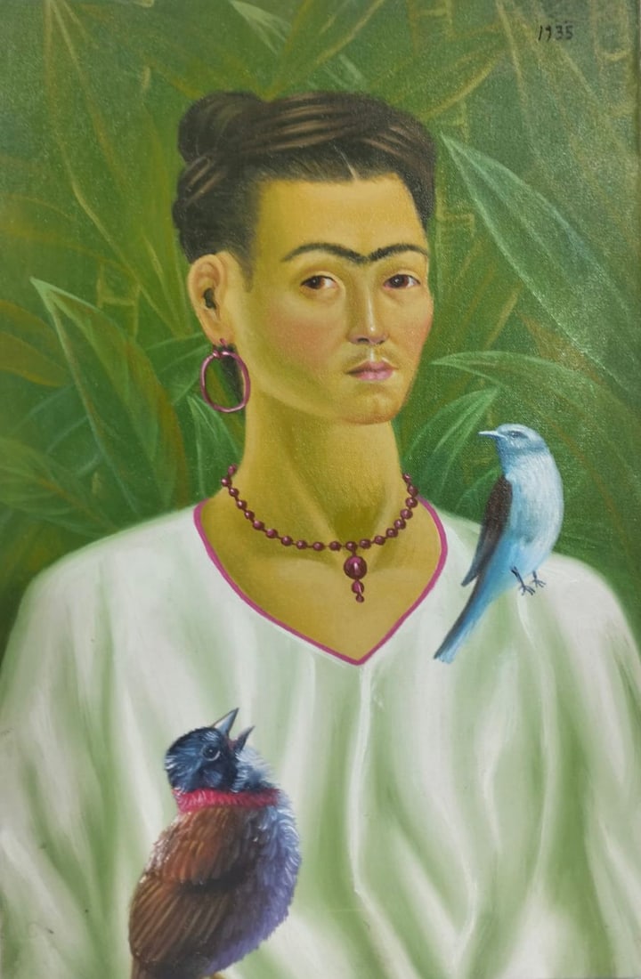 Frida Kahlo Mexican 1907–1954 Oil on Canvas Painting in the Style of Kahlo. Surrealist & Mexican: Title: Untitled Technique: Oil on canvas Measures: 19 × 13 inches (48.3 × 33 cm) Year: Circa 1935 Condition: The painting is in good overall condition. The surface shows stable and well-preserved pi