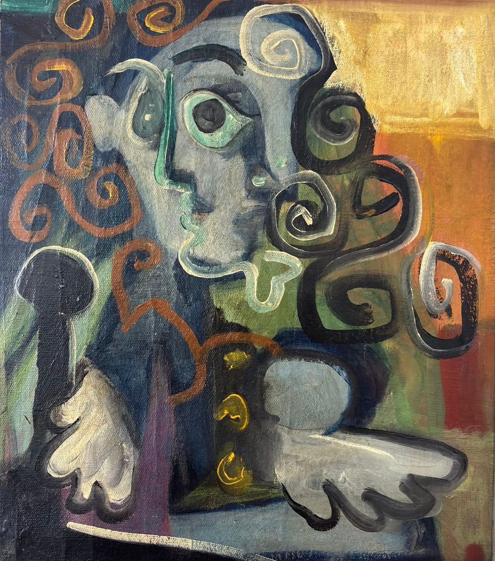 Pablo Picasso Spanish 1881-1973 Oil on Canvas Painting in the Style of Picasso. Magritte & Chagall: Title: Abstract Face with Spirals Technique: Oil on canvas Measures: 20 × 12 inches (50.8 × 30.5 cm) Year: Circa 1940–1960 Condition: The painting is in good overall condition. The surface shows s