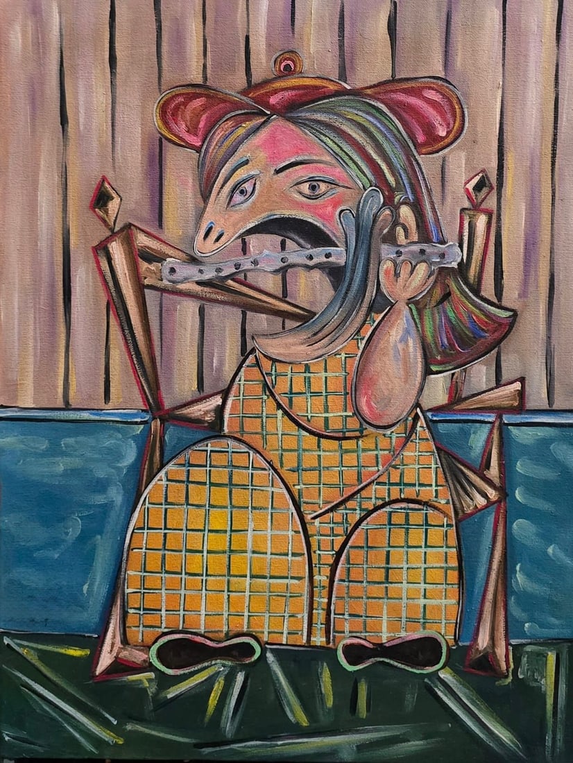 Pablo Picasso Spanish 1881-1973 Oil on Canvas Painting in the Style of Picasso. Magritte & Chagall: Title: Seated Woman with Musical Instrument Technique: Oil on canvas Measures: 20 × 15 inches (50.8 × 38.1 cm) Year: Circa 1970 Condition: The painting is in good overall condition. The surface show