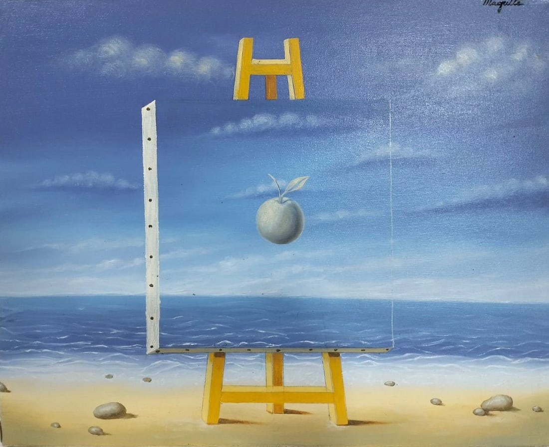 René Magritte Belgian 1898–1967 Oil on Canvas Painting in the Style of Magritte. Dalí & Miró: Title: Untitled Technique: Oil on canvas Measures: 16 × 19 inches (40.6 × 48.3 cm) Year: 1949 (Circa 1940s, based on stylistic alignment with artists active during 1898–1967) Condition: The painti