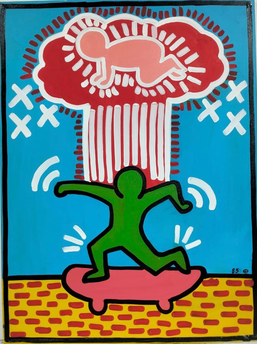 Keith Haring American 1958 - 1990 Acrylic/Canvas In The Style of. Warhol & Haring Pop Art Period.: Title: Untitled Technique: Acrylic on canvas Measures: 31 × 23 inches (78.7 × 58.4 cm) Year: 1985 (Circa late 20th century, based on stylistic alignment with artists active during 1958–1990) Condi