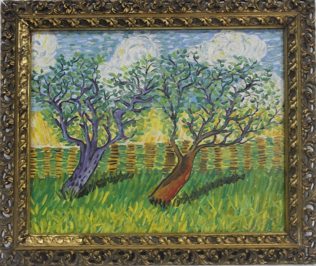 Vincent Van Gogh Dutch 1853-1890 Oil on Canvas painting in the style of. Gaugin, Monet, Degas Period: Title: Untitled Technique: Oil on canvas Measures: 16 × 19 inches (40.6 × 48.3 cm) Year: Undated (Circa late 19th century, based on stylistic alignment with artists active during 1853–1890) Condit