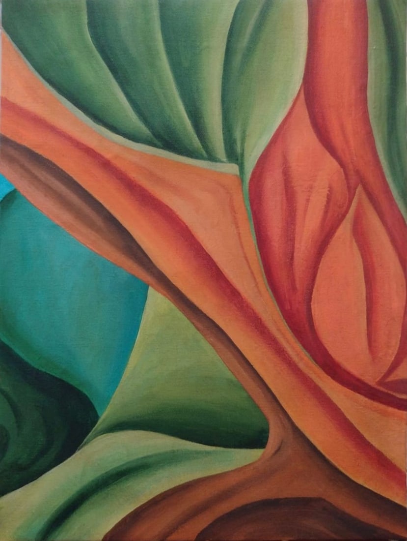 Georgia O'Keeffe American Oil On Canvas Painting in the style of. Pollock & O'Keeffe. Abstract Era: Title: Untitled Technique: Oil on canvas Measures: 19 × 15 inches (48.3 × 38.1 cm) Year: Circa 1930s Condition: The painting is in good overall condition. The surface shows stable pigment with smoot