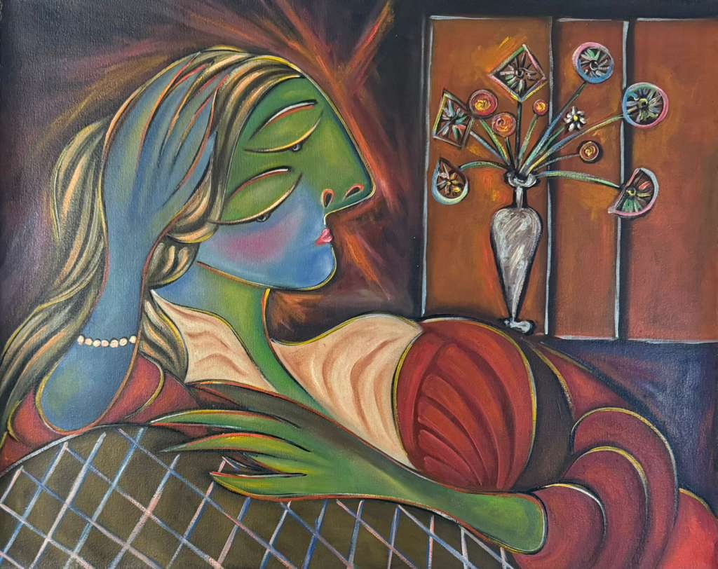 Pablo Picasso Spanish 1881-1973 Oil on Canvas Painting in the Style of Picasso. Magritte & Chagall: Title: Untitled Technique: Oil on canvas Measures: 16 × 19 inches (40.6 × 48.3 cm) Year: Circa 1939 Condition: The painting is in good overall condition. The surface shows stable pigment with minor