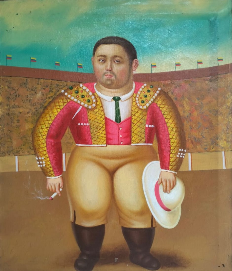 Fernando Botero Colombian 1932–2023 Oil on Canvas Painting in the Style of Botero. Rivera & Orozco: Title: Bullfighter Technique: Oil on canvas Measures: 28 × 23 inches (71.1 × 58.4 cm) Year: 1991 Condition: The painting is in good overall condition. The surface shows stable pigment with minor wea