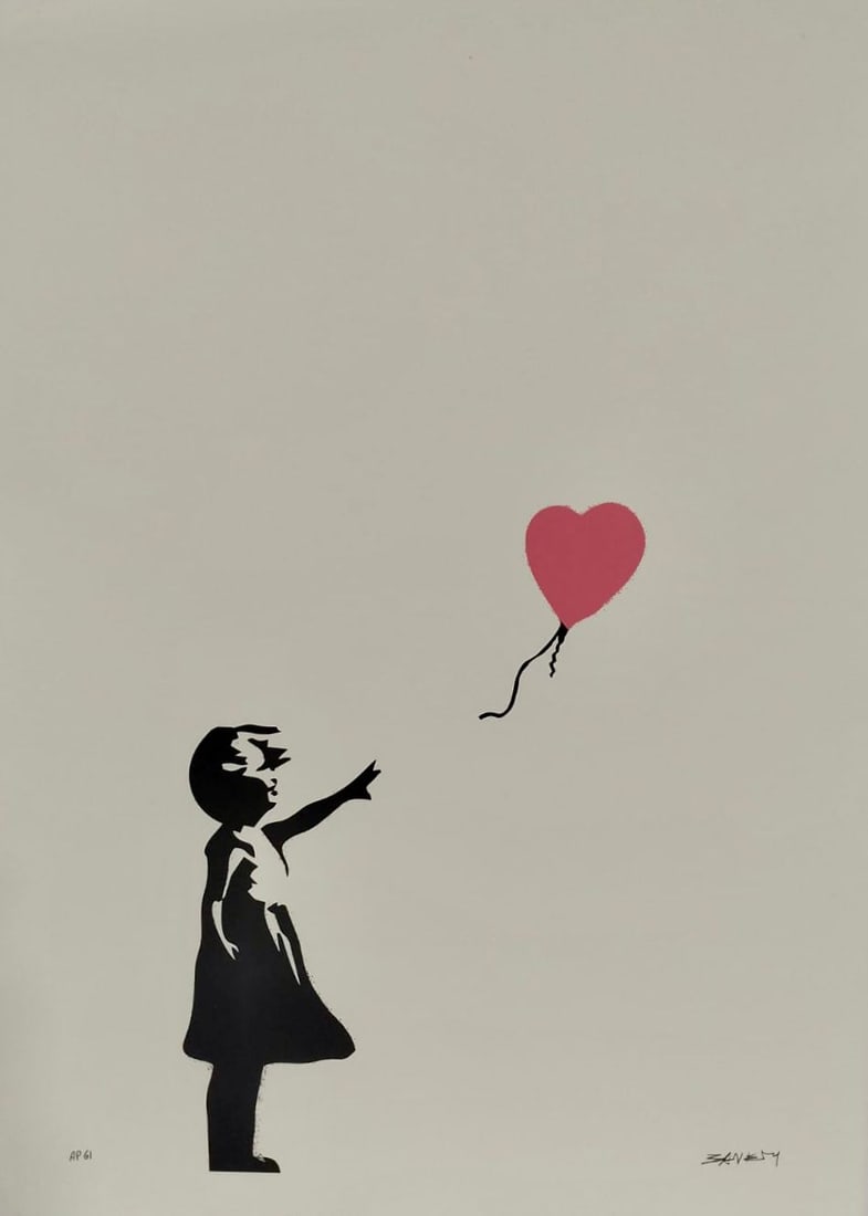 Banksy British b.1974 Mixed Media on Canvas Painting in the Style of Banksy. Basquiat & Haring: Title: Girl with Balloon – Colour AP (Pink) Technique: Screenprint in black and pink on wove paper Measures: 27 × 19 inches (68.6 × 48.3 cm) Year: 2004 Condition: The work is in good overall condi