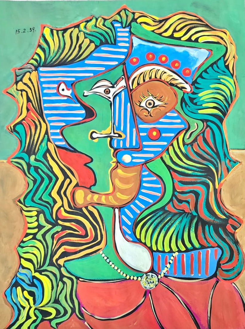 Pablo Picasso Spanish 1881–1973 Oil on Canvas Painting Cubist in the style of ,Daly Chagall Era: Title: Pablo Picasso Spanish 1881–1973 Oil on Canvas Painting, Cubist Portrait Composition, 1939Technique: Oil on CanvasDimensions: 16 x 12 inchesYear: 1939Condition:The painting is in overall good