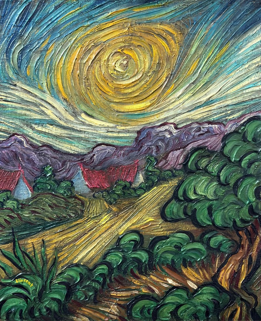 Vincent Van Gogh Dutch 1853-1890 Oil on Canvas painting in the style of. Gaugin, Monet, Degas Period: Title:LandscapeTechnique:Oil on canvasMeasures:11 x 8 inches (27.9 x 20.3 cm)Year:CircaCondition:Good condition. Surface is stable with pronounced impasto and textured brushwork. Minor wear consistent