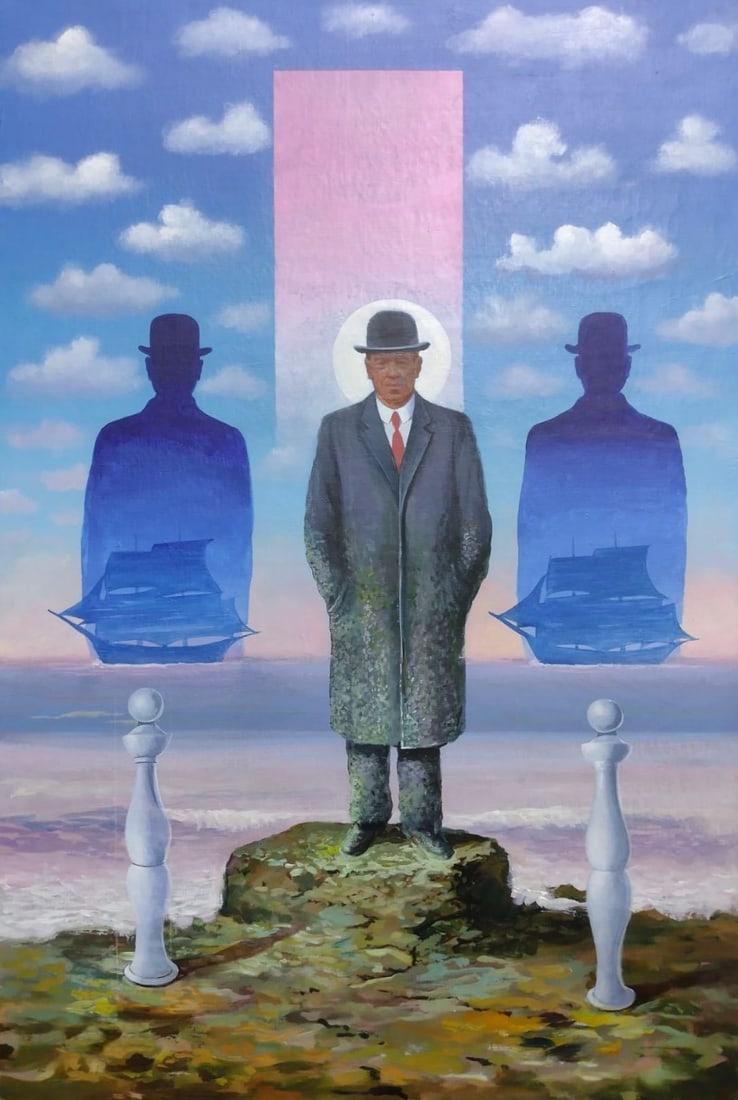 René Magritte Belgian 1898–1967 Oil on Canvas Painting in the Style of Magritte. Dalí & Miró: Title: Le temps de l’homme Technique: Oil on canvas Measures: 23 × 15 inches (58.4 × 38.1 cm) Year: Circa 1950s Condition: The painting is in good overall condition. The surface shows stable pigme