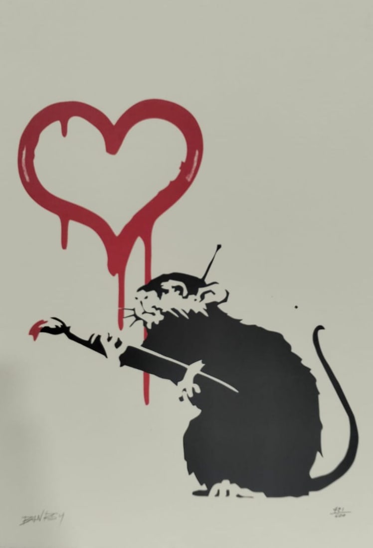 Banksy British b.1974 Mixed Media on Canvas Painting in the Style of Banksy. Basquiat & Haring: Title: Love Rat Technique: Screenprint in colors on wove paper Measures: 19 × 13 inches (48.3 × 33 cm) Year: 2004 Condition: The work is in very good overall condition. The sheet appears clean with