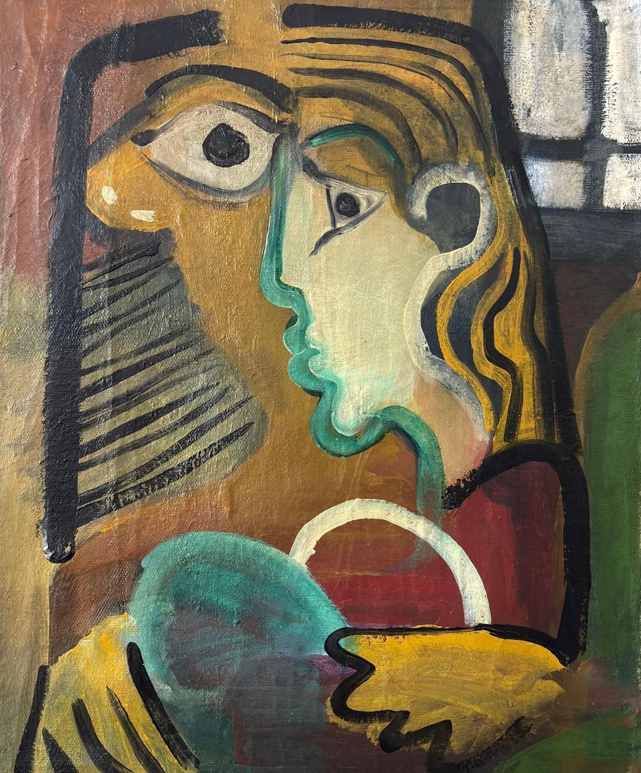 Pablo Picasso Spanish 1881-1973 Oil on Canvas Painting in the Style of Picasso. Magritte & Chagall: Title: Untitled Technique: Oil on canvas Measures: 16 × 13 inches (40.6 × 33 cm) Year: Circa 1930s Condition: The painting is in good overall condition. The surface shows visible brushwork with mino