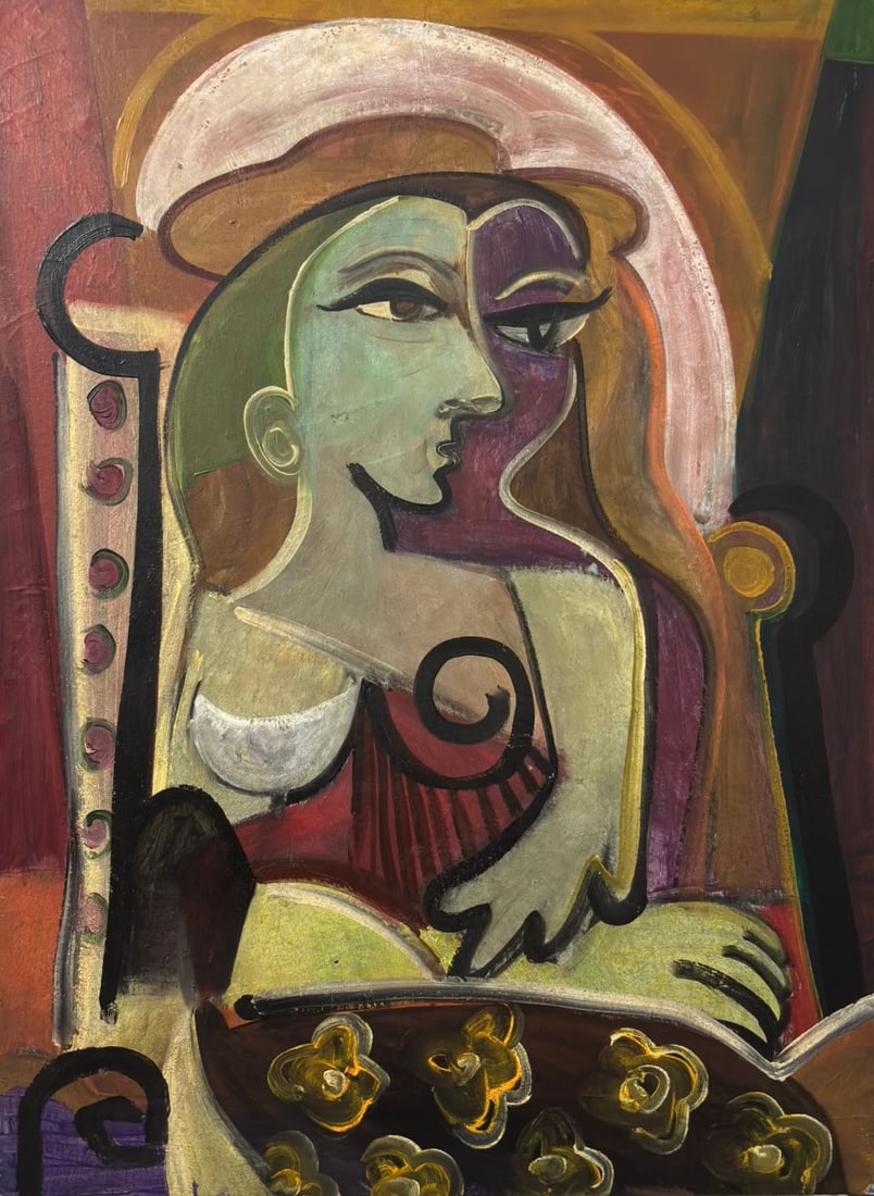 Pablo Picasso Spanish 1881-1973 Oil on Canvas Painting in the Style of Picasso. Magritte & Chagall: Title: Untitled Technique: Oil on canvas Measures: 24 × 17 inches (60.96 × 43.18 cm) Year: Circa 1930 Condition: The work is in good overall condition. The surface shows stable pigment layers with v