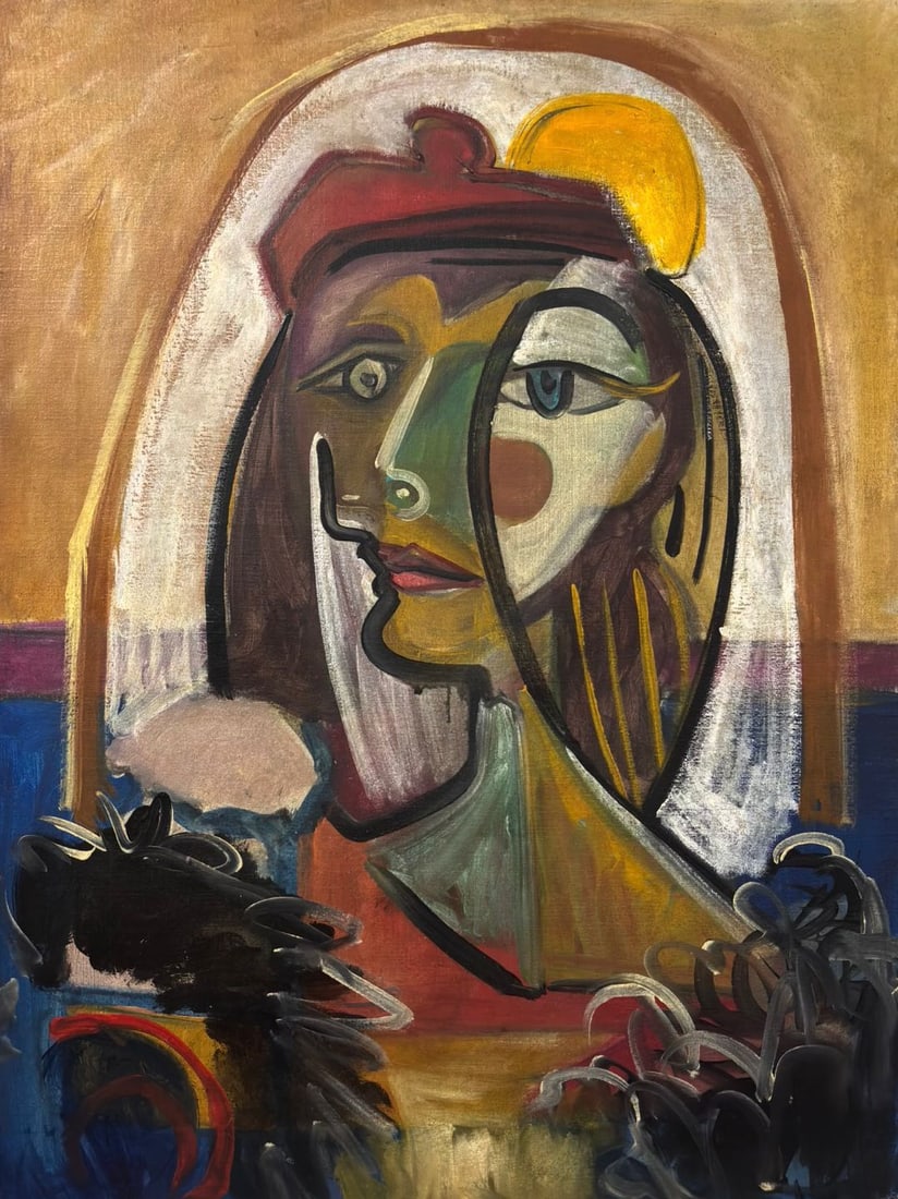 Pablo Picasso Spanish 1881-1973 Oil on Canvas Painting in the Style of Picasso. Magritte & Chagall: Title: Untitled Technique: Oil on canvas Measures: 23 × 17 inches (58.42 × 43.18 cm) Year: Circa 1930 Condition: The work is in good overall condition. The surface shows stable pigment layers with v