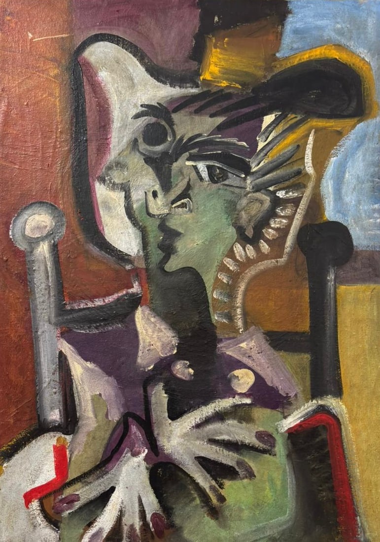 Pablo Picasso Spanish 1881-1973 Oil on Canvas Painting in the Style of Picasso. Magritte & Chagall: Title: Untitled Technique: Oil on canvas Measures: 27 × 19 inches (68.58 × 48.26 cm) Year: Circa 1930 Condition: The work is in good overall condition. The surface shows stable pigment layers with v