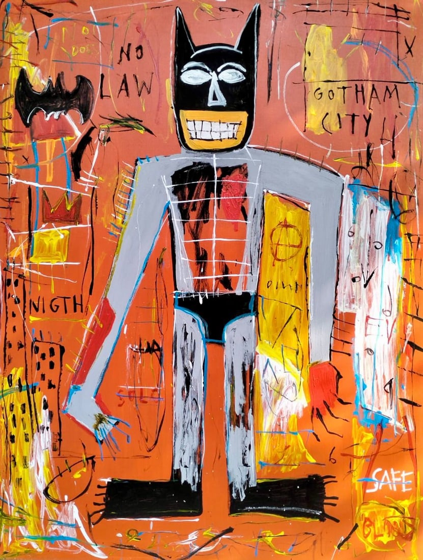 Jean Michel Basquiat 1960-1988 Mixed Media/Canvas In The Style of. Haring,Warhol,Basquiat Era.: Title: Untitled Technique: Acrylic on canvas Measures: 47 ½ × 36 inches (120 × 92 cm) Year: 1982 Condition: The work is in good overall condition. The surface shows layered applications of pa