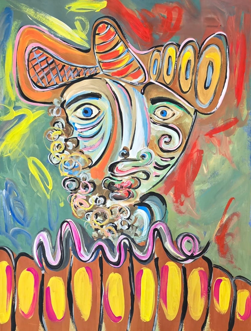 Pablo Picasso Spanish 1881-1973 Oil on Canvas Painting in the Style of Picasso. Magritte & Chagall: Title: Abstracted Masked Figure Technique: Oil on canvas Measures: 16 x 12 in. (41 x 30 cm) Year: Circa 1950 Condition: Appears to be in good overall condition with minor surface wear consistent with