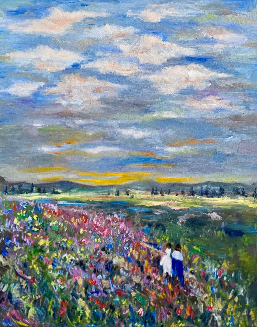 Claude Monet French 1840 - 1926 Oil on Canvas in the style of . Renoir & Manet Impressionist Era.B5: Title: Figures in a Flowered Landscape Technique: Oil on canvas Measures: 20 x 16 in. (50 x 40 cm) Year: Circa 1910 Condition: Appears to be in good overall condition with minor surface wear consisten