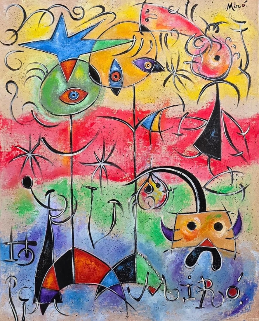 Joan Miro Spanish 1893 - 1983 Gouache on Paper in the style of. Dali, Magritte, & Miro Surrealism: Title: Abstract Composition with Figures and Symbols Technique: Oil on canvas Measures: 20 x 16 in. (50 x 40 cm) Year: Circa 1940 Condition: Appears to be in good overall condition with minor surface