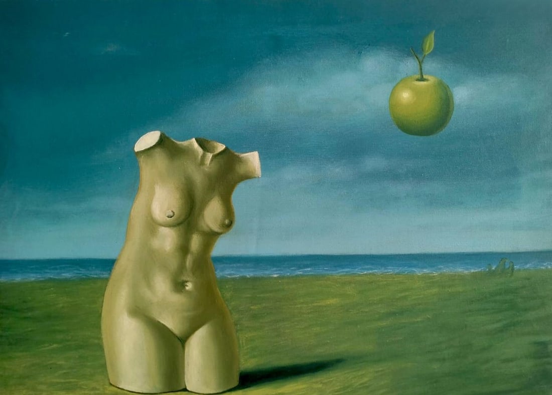 René Magritte Belgian 1898–1967 Oil on Canvas Painting in the Style of Magritte. Dalí & Miró: Title: Rêve de gloire Technique: Oil on canvas Measures: 16 x 22 in. (40 x 55.5 cm) Year: Circa 1949 Condition: Appears to be in good overall condition with minor surface wear consistent with age and