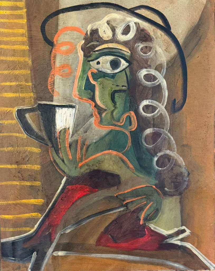 Pablo Picasso Spanish 1881-1973 Oil on Canvas Painting in the Style of Picasso. Magritte & Chagall: Title: Seated Woman with Cup Technique: Oil on canvas Measures: 20 x 16 in. (50 x 40 cm) Year: Circa 1935 Condition: Appears to be in good overall condition with minor surface wear consistent with age
