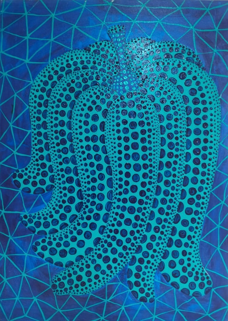 Yayoi Kusama (B.1929) Acrylic on canvas Japanese In the Style of. Pop Art Era: Title: Pumpkin Composition Technique: Acrylic on canvas Measures: 27 x 20 in (68.6 x 50.8 cm) Year: Circa 2000 Condition: Appears to be in good overall condition with minor surface wear and handling m