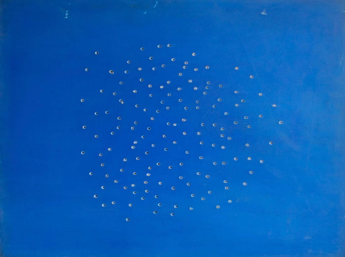 Lucio Fontana Italian-Argentine 1899 - 1968 Oil on Canvas Painting In The Style of. Spatialism,: Title: Tutto un’armonia di Colori Technique: Mixed media on canvas Measures: 23 x 31 in (58.4 x 78.7 cm) Year: Circa 1967 Condition: Appears to be in good overall condition with minor surface wear,