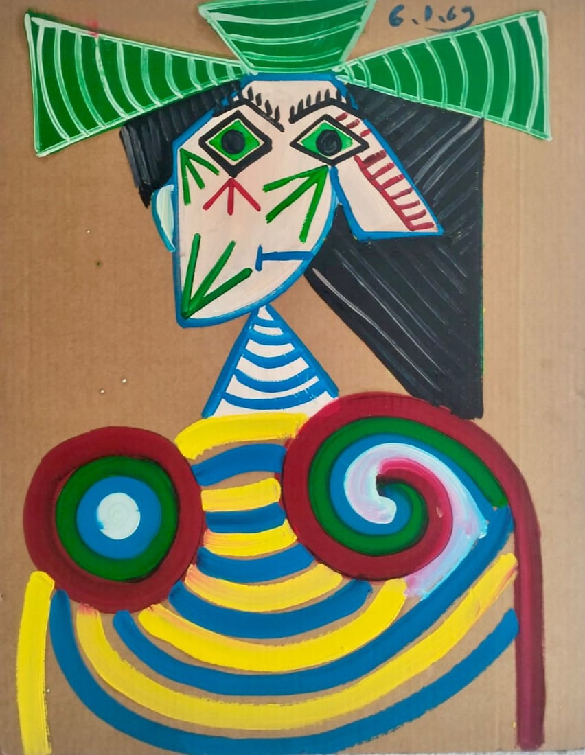 Pablo Picasso 1881–1973 Spanish Oil and Ripolin on Corrugated Cardboard In the Style of. Cubism.: Title: Buste de femme Technique: Oil and Ripolin on corrugated cardboard Measures: 28 × 22 inches (71 × 56 cm) Year: Painted in Mougins on 6 January 1969 Condition. Good overall condition. The surfa
