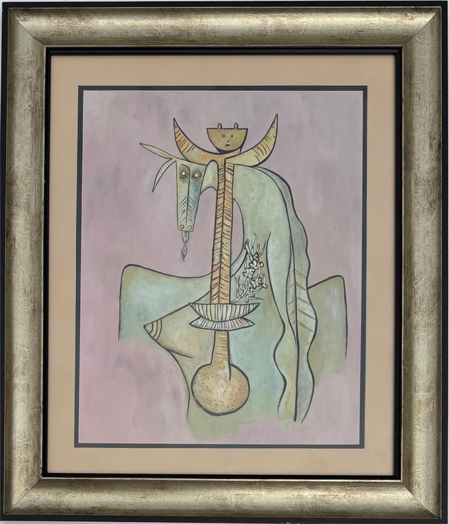 Wifredo Lam Cuban 1902 - 1982 Oil on Canvas Painting In The Style of. Picasso, Matisse, & Surrealist: Title: Surreal Totemic Figure with Horse Form Technique: Oil on canvas Measures: 17 x 14 inches (43.2 x 35.6 cm) Year: Mid-20th centuryConditionGood condition. Surface shows stable pigment with minor 