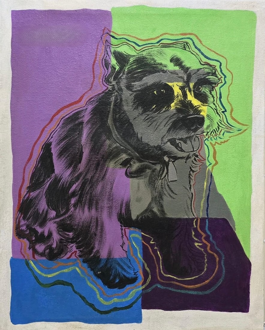 Andy Warhol 1928-1987 Gouache on canvas in the style of. Warhol & Haring Pop Art: Title: Dog Portrait in Pop Field Technique: Acrylic and screenprint on canvas Measures: 19 × 15 inches Year: Circa 1980s Condition. Good overall condition. The surface shows stable pigment with well-