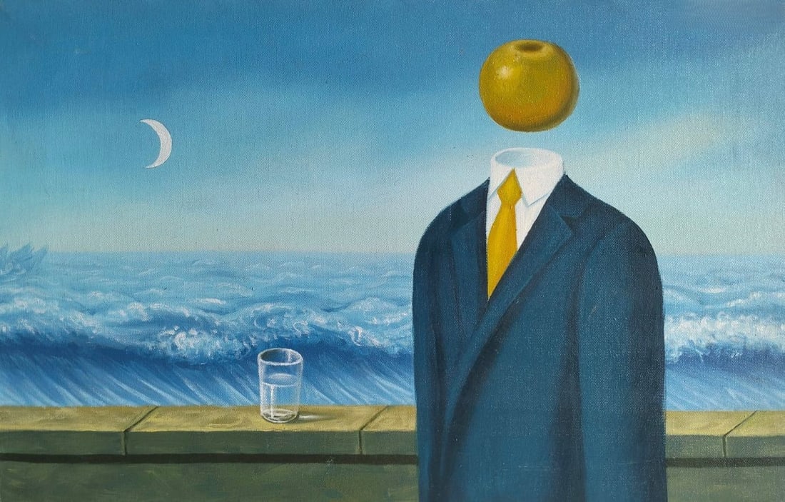 René Magritte Belgian 1898–1967 Oil on Canvas Painting in the Style of Magritte. Dalí & Miró: Title: Domination of the Sea Technique: Oil on canvas Measures: 13 × 20 inches Year: 1949 Condition. Good overall condition. The surface shows stable pigment with smooth application and well-preserve