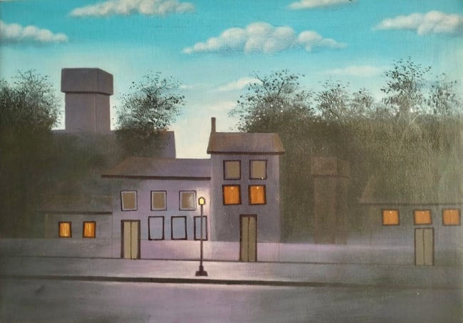 René Magritte Belgian 1898–1967 Oil on Canvas Painting in the Style of Magritte. Dalí & Miró: Title: Night Street with Illuminated Windows Technique: Oil on canvas Measures: 17 × 24 inches Year: Circa 1949 Condition. Good overall condition. The surface shows stable pigment with soft, well-pre