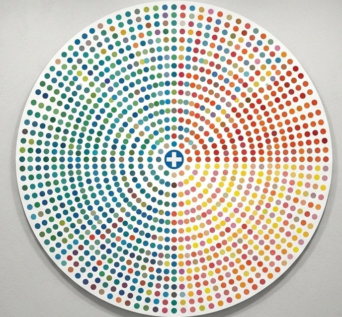 Chromatic Nexus. Acrylic print on panel. By the IAAG Artists Group. Contemporary.: Title: Chromatic Nexus Technique: Acrylic print on panel Measures: 20 × 16 inches (51 × 41 cm) Year: Contemporary Condition: Excellent condition. Clean, high-definition surface with precise dot appl