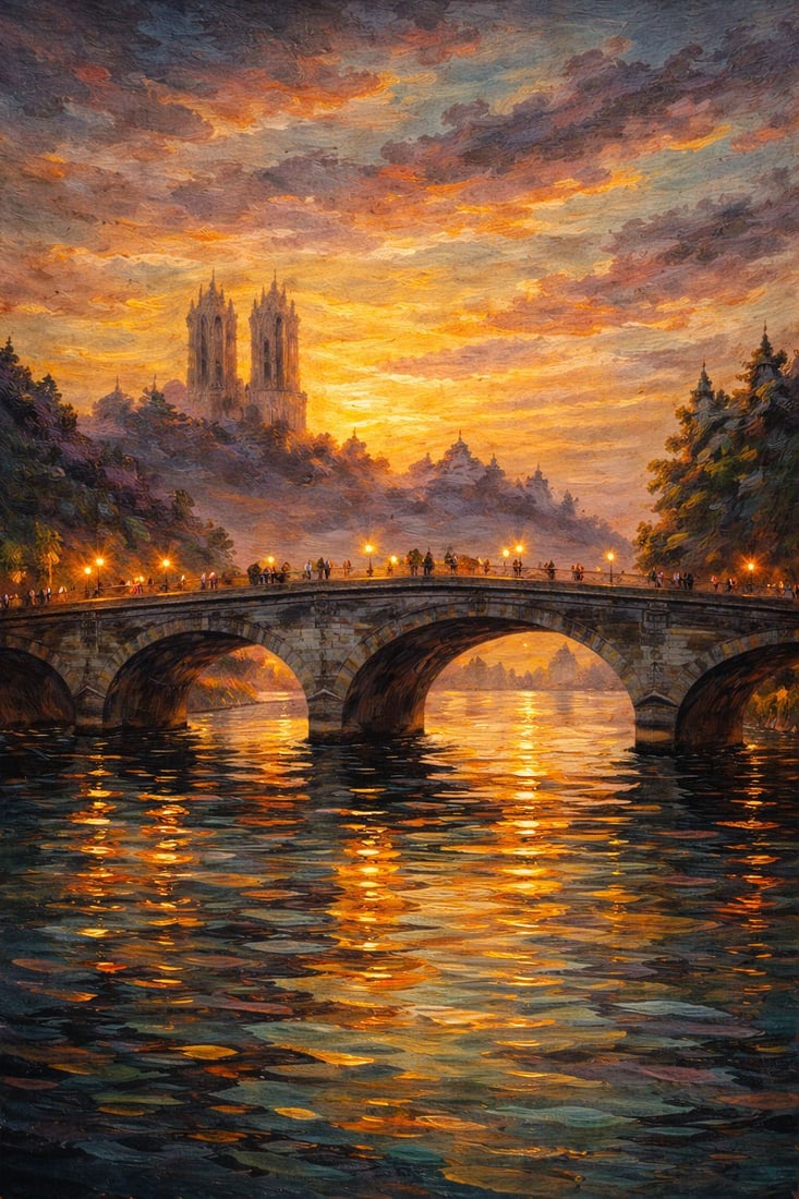 Golden Passage: The Eternal Crossing (1/1 Masterpiece NFT + Physical Artwork): Golden Passage: The Eternal Crossing captures a breathtaking moment where architecture, light, and human presence unite in perfect harmony. A grand stone bridge stretches across shimmering waters, ill