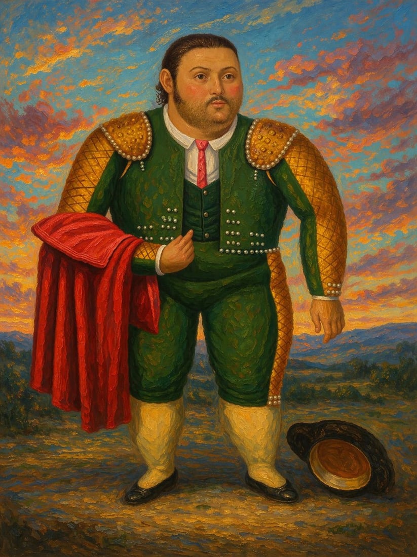 Figurative Expressionist Portrait (1/1 Masterpiece NFT + Physical Artwork): Figurative Expressionist Portrait | High-Impact Collector WorkThe Defiant Matador at Dusk is a commanding study of presence, identity, and quiet confrontation. The figure stands grounded yet slightly 